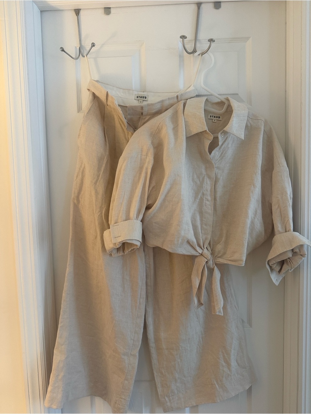 STAUD Beige Linen Tie-Front Button-Down Top